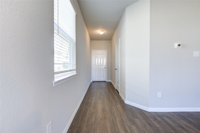 corridor with dark hardwood / wood-style flooring