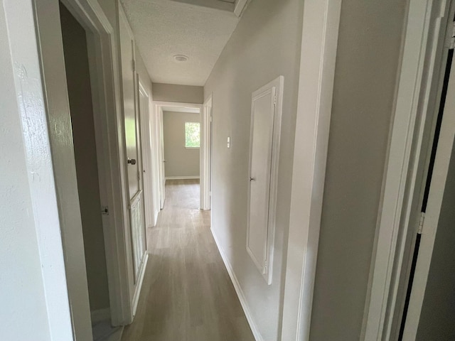 hallway featuring wood-type flooring and a textured ceiling