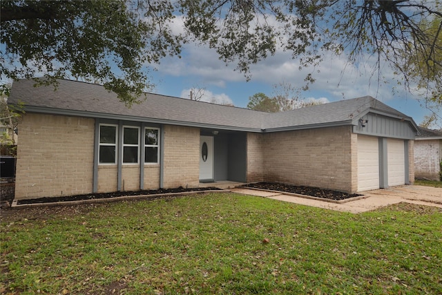 single story home with a front yard, a garage, and cooling unit