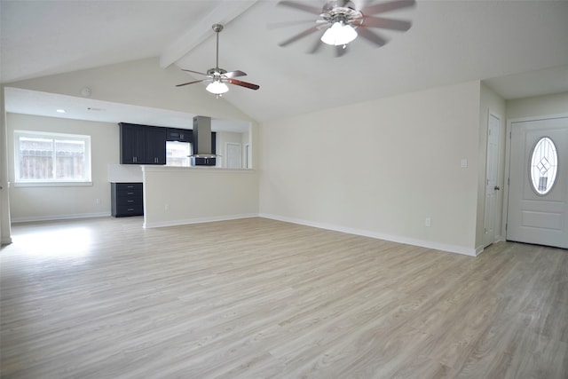 unfurnished living room with vaulted ceiling with beams, a wealth of natural light, ceiling fan, and light hardwood / wood-style floors