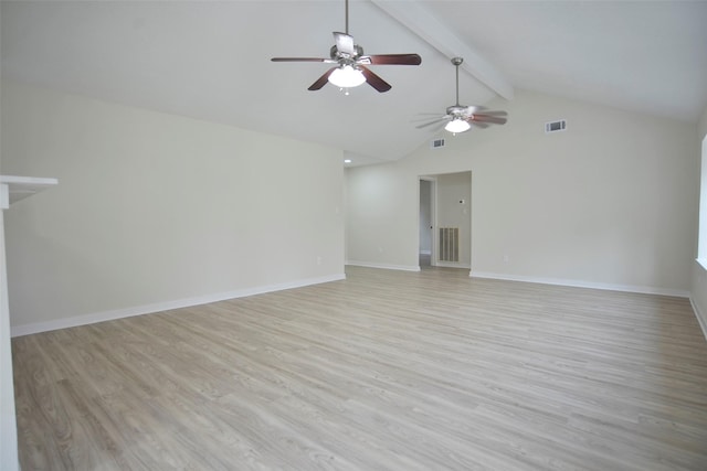 unfurnished living room with beam ceiling, ceiling fan, light hardwood / wood-style flooring, and high vaulted ceiling