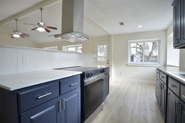 kitchen featuring vaulted ceiling with beams, light hardwood / wood-style flooring, a textured ceiling, stainless steel electric stove, and island range hood