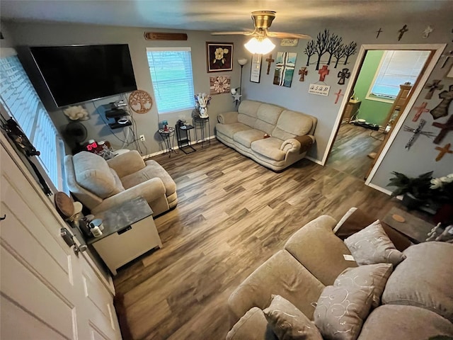 living room featuring ceiling fan and hardwood / wood-style flooring