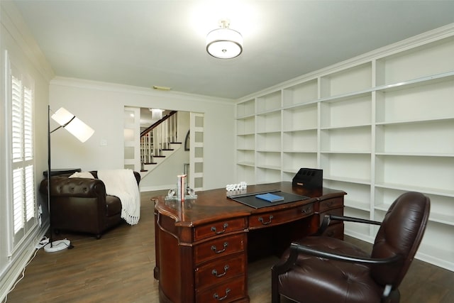 office featuring dark wood-type flooring and crown molding