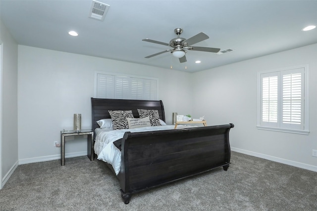 carpeted bedroom featuring ceiling fan