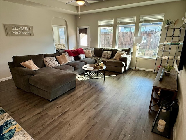 living room featuring a tray ceiling, ceiling fan, and dark hardwood / wood-style flooring