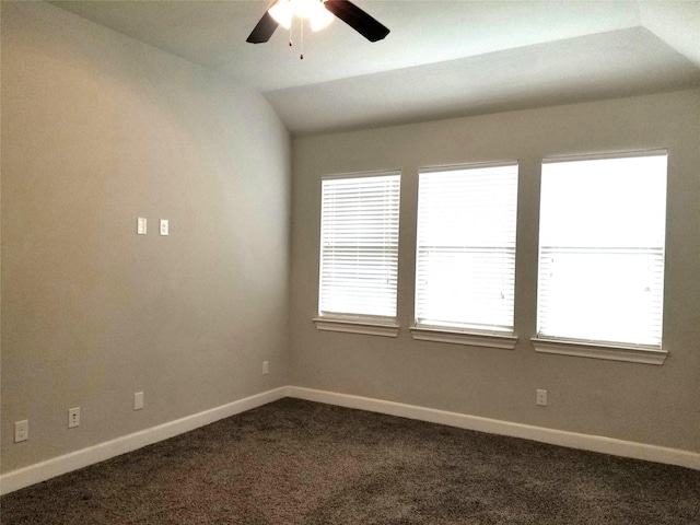 unfurnished room with carpet, ceiling fan, and lofted ceiling