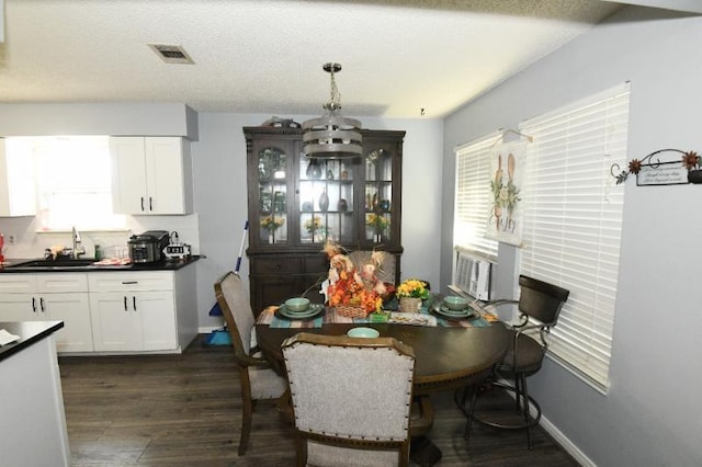 dining space with plenty of natural light, dark hardwood / wood-style flooring, sink, and a textured ceiling