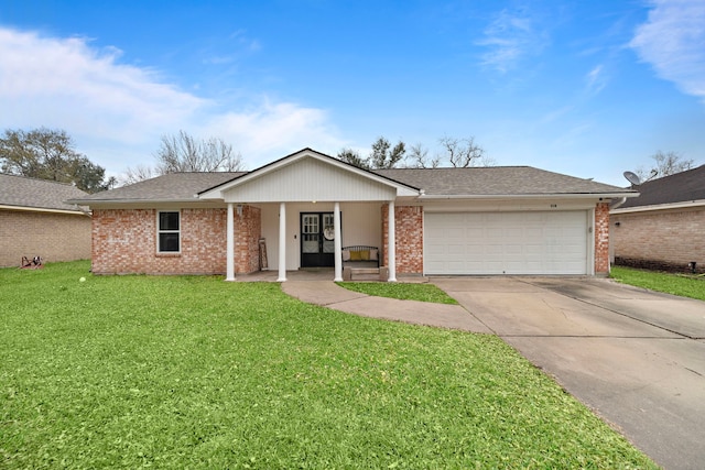 ranch-style home featuring a garage, a front lawn, and a porch