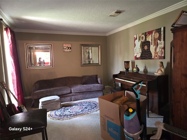 living room with a textured ceiling and crown molding