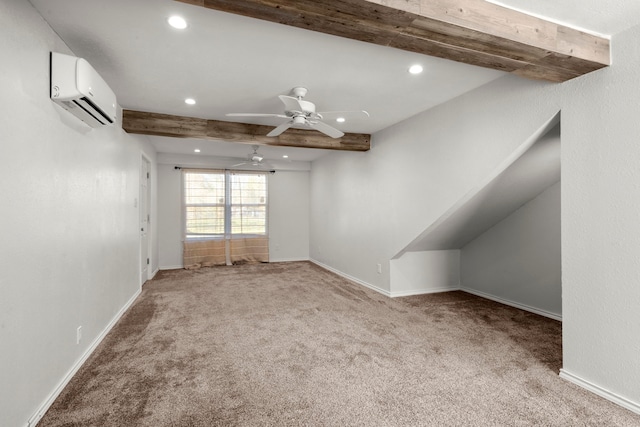 unfurnished room featuring a wall mounted air conditioner, beam ceiling, light carpet, and ceiling fan