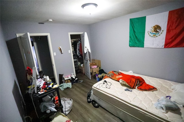 bedroom with a spacious closet, a closet, and wood-type flooring