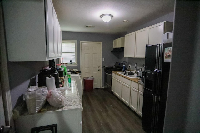 kitchen featuring white cabinets, sink, electric range, dark hardwood / wood-style flooring, and black fridge with ice dispenser