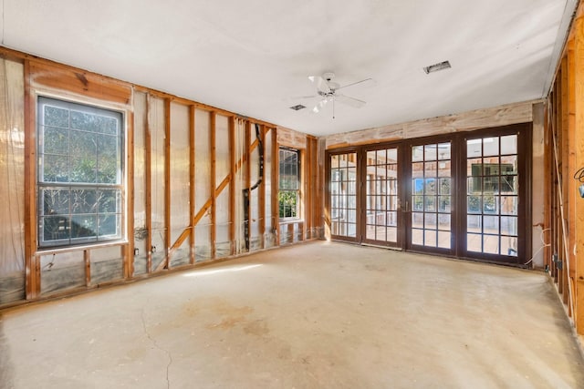 miscellaneous room featuring ceiling fan and french doors