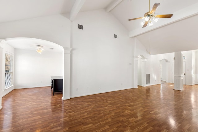 unfurnished living room with beam ceiling, ornate columns, ceiling fan, and high vaulted ceiling