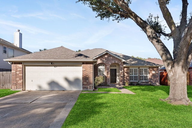 ranch-style home with a garage and a front yard