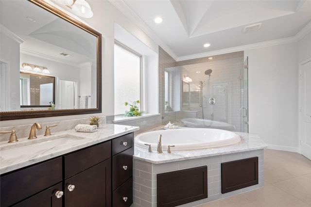 bathroom with tile patterned flooring, vanity, ornamental molding, and plus walk in shower