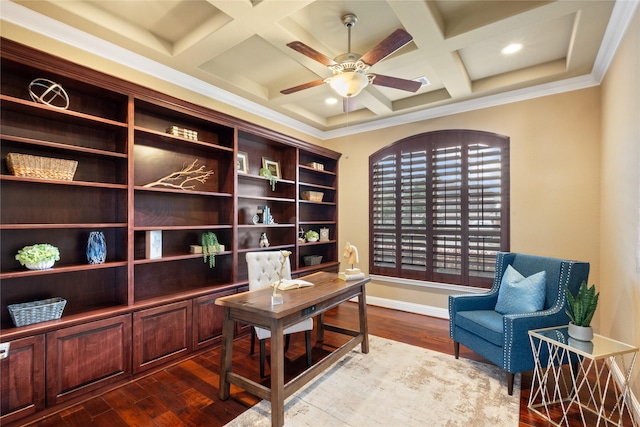 office area featuring hardwood / wood-style floors, ceiling fan, crown molding, and coffered ceiling