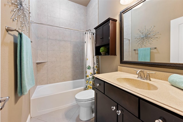 full bathroom with tile patterned floors, vanity, toilet, and shower / tub combo with curtain