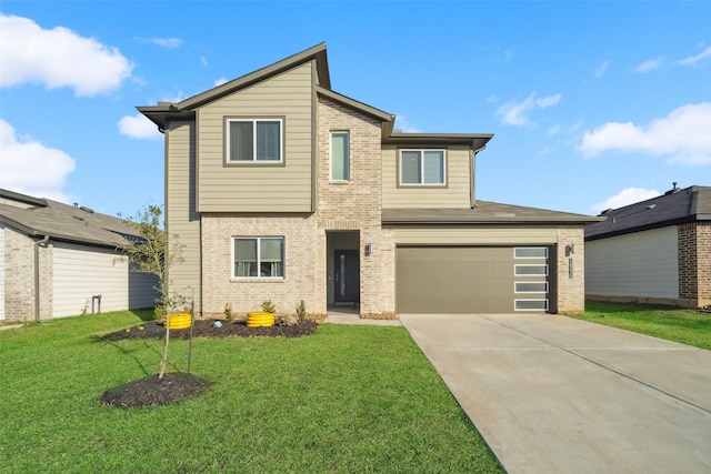 front facade featuring a garage and a front lawn