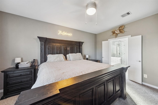 bedroom with ceiling fan and light colored carpet