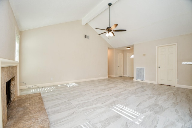 unfurnished living room with beamed ceiling, high vaulted ceiling, and ceiling fan