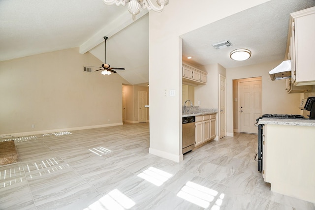 kitchen featuring ceiling fan, dishwasher, sink, lofted ceiling with beams, and range with gas cooktop