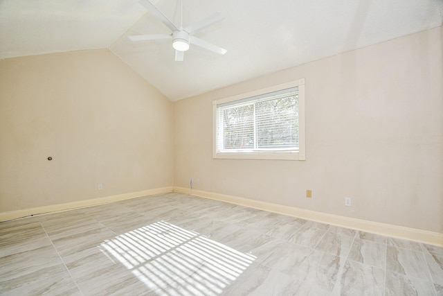 unfurnished room featuring ceiling fan and lofted ceiling