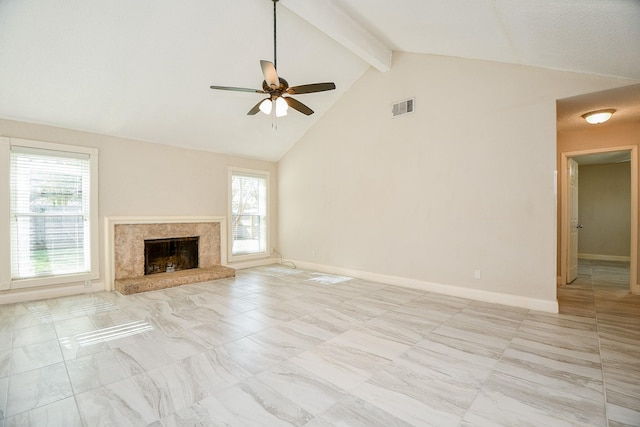 unfurnished living room featuring beamed ceiling, high vaulted ceiling, ceiling fan, and a fireplace