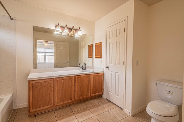 full bathroom with shower / bathing tub combination, vanity, tile patterned flooring, ceiling fan, and toilet