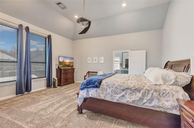 bedroom featuring carpet, ceiling fan, and lofted ceiling