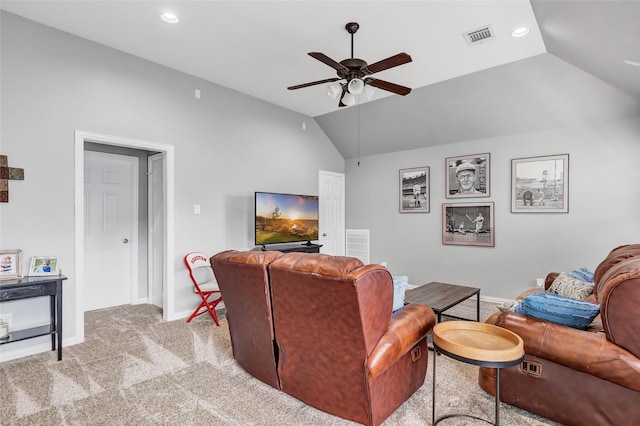 living room with ceiling fan, light colored carpet, and lofted ceiling