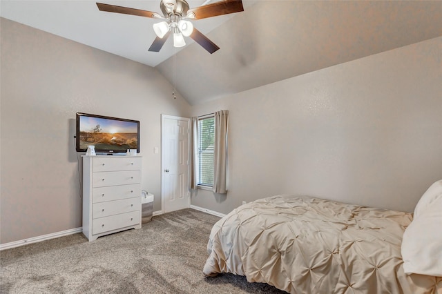 bedroom featuring ceiling fan, carpet floors, and vaulted ceiling