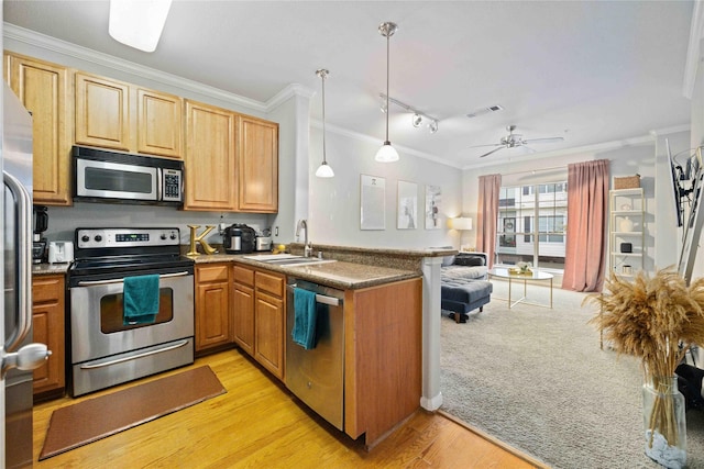 kitchen featuring kitchen peninsula, sink, crown molding, hanging light fixtures, and appliances with stainless steel finishes