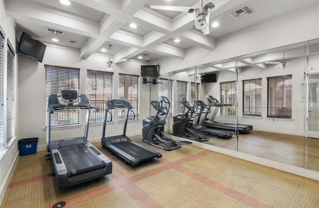 gym with ceiling fan, carpet, and coffered ceiling