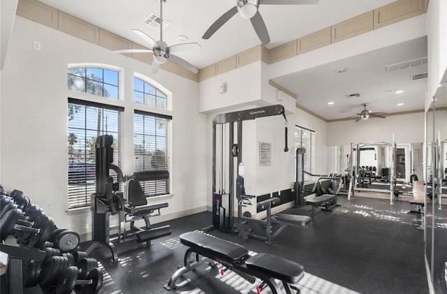 workout area featuring ceiling fan