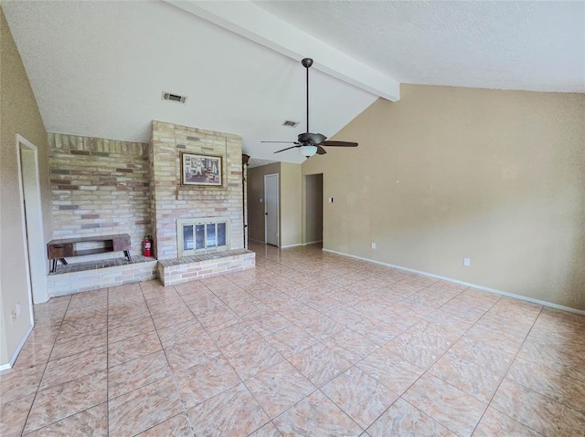 unfurnished living room featuring a textured ceiling, vaulted ceiling with beams, a brick fireplace, and ceiling fan