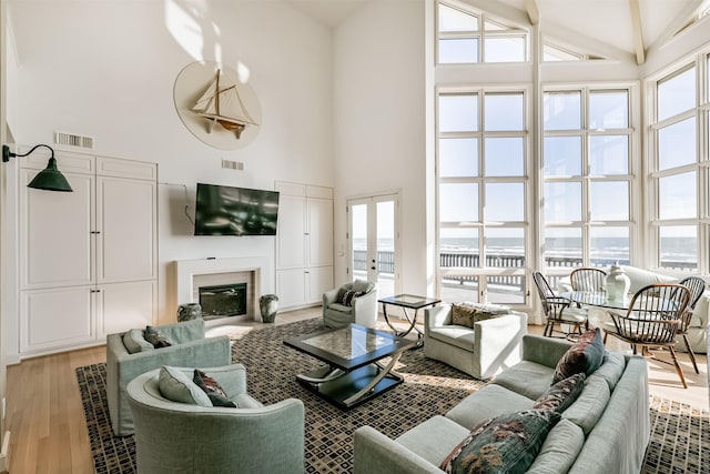 living room with french doors, high vaulted ceiling, and light hardwood / wood-style flooring