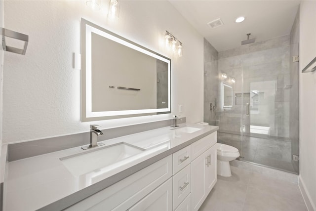 bathroom with tile patterned flooring, vanity, toilet, and a shower with door