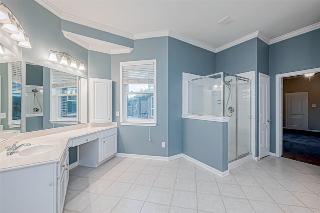 bathroom with tile patterned flooring, vanity, an enclosed shower, and crown molding