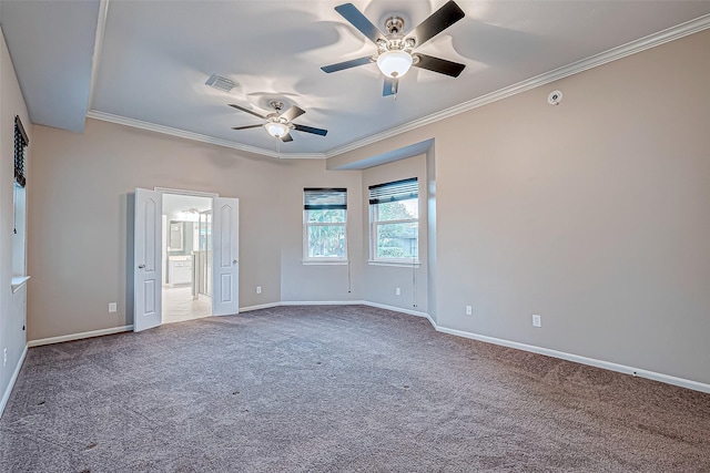 unfurnished bedroom featuring ceiling fan, carpet floors, and ornamental molding