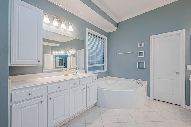 bathroom featuring tile patterned flooring, vanity, a tub to relax in, and crown molding