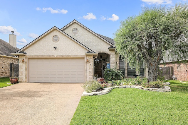 ranch-style house featuring a front lawn and a garage