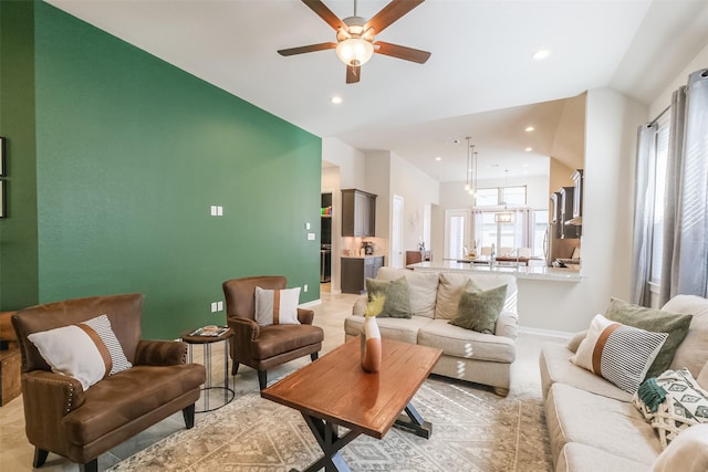 29614 Sterling Knoll Dr, Fulshear, TX 77441 - living room featuring a ceiling fan, baseboards, recessed lighting, and vaulted ceiling