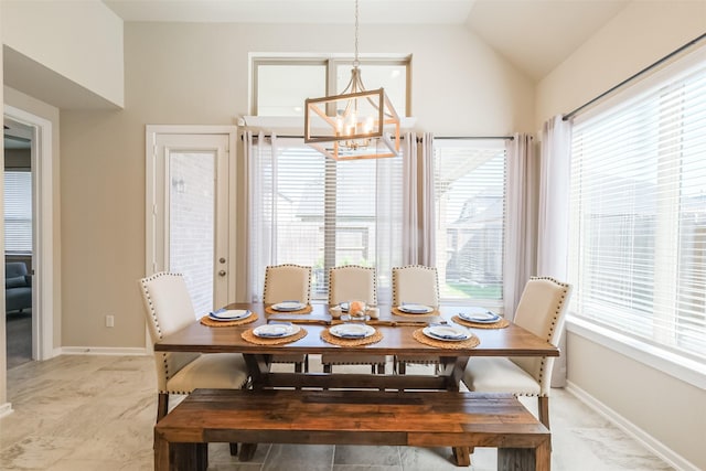 29614 Sterling Knoll Dr, Fulshear, TX 77441 - dining room featuring baseboards, lofted ceiling, and a chandelier