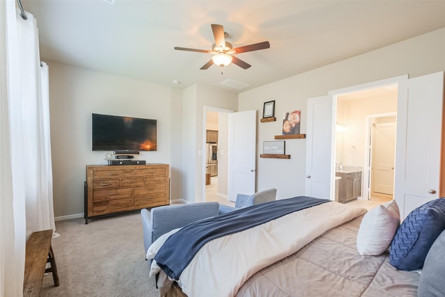 29614 Sterling Knoll Dr, Fulshear, TX 77441 - bedroom with connected bathroom, ceiling fan, light colored carpet, baseboards, and visible vents
