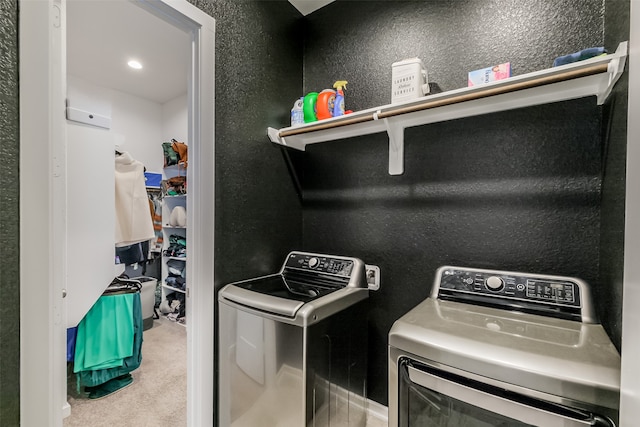 29614 Sterling Knoll Dr, Fulshear, TX 77441 - washroom featuring laundry area, washing machine and dryer, and carpet