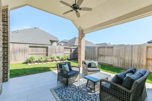 29614 Sterling Knoll Dr, Fulshear, TX 77441 - view of patio / terrace featuring ceiling fan, an outdoor hangout area, and a fenced backyard