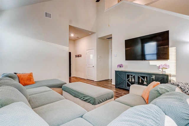 living room with hardwood / wood-style flooring and a towering ceiling