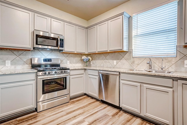 kitchen with light stone countertops, appliances with stainless steel finishes, backsplash, sink, and light hardwood / wood-style flooring